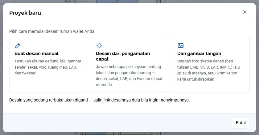 Jendela Proyek baru: tiga cara memulai desain.