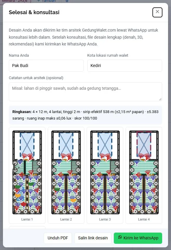 Jendela Selesai &amp; konsultasi: nama, kota, catatan, ringkasan, dan tombol kirim.