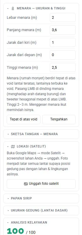 Panel kanan untuk menara: ukuran, tinggi, dan LMB.